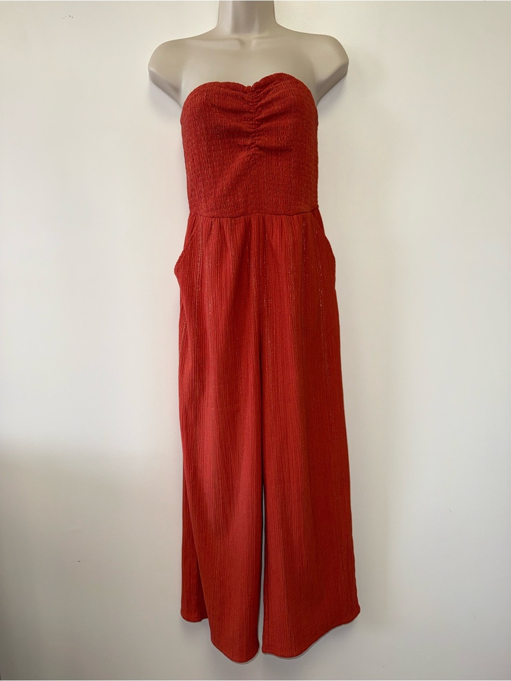 Express (Small) Strapless Burnt Orange Wide-Leg Jumpsuit with Pockets